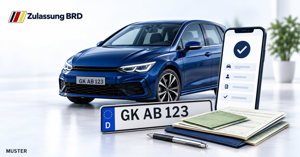 Online Fahrzeugzulassung in Wegberg: Musterkennzeichen GK AB 123, Auto und Fahrzeugpapiere und Smartphone. Illustration mit Logo von Zulassung BRD.